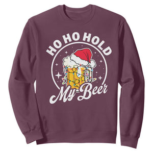 Funny Christmas Beers Sweatshirt Ho Ho Hold My Beer Vintage Mug Santa Hat TS11 Maroon Print Your Wear
