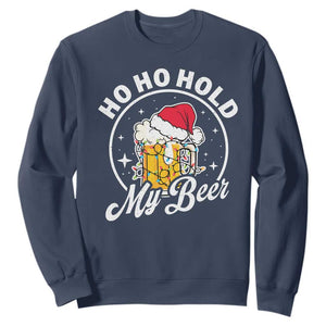 Funny Christmas Beers Sweatshirt Ho Ho Hold My Beer Vintage Mug Santa Hat TS11 Navy Print Your Wear