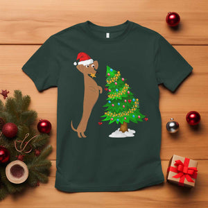 Funny Christmas Wiener Dog T Shirt Decorations Xmas Tree TS11 Dark Forest Green Print Your Wear