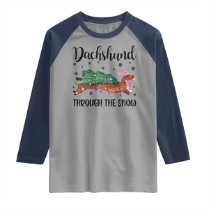 Funny Christmas Wiener Dog Raglan Shirt Dachshund Through The Snow Xmas Tree TS11 Sport Gray Navy Print Your Wear