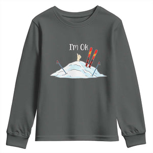 Funny Skiing Snowboarding Youth Sweatshirt I Am Okay Ski Crash Winter Sport TS11 Dark Heather Print Your Wear