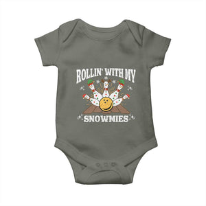 Funny Christmas Bowling Baby Onesie Rollin With My Snowmies Bowling Pins TS11 Military Green Print Your Wear