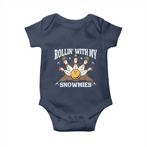 Funny Christmas Bowling Baby Onesie Rollin With My Snowmies Bowling Pins TS11 Navy Print Your Wear