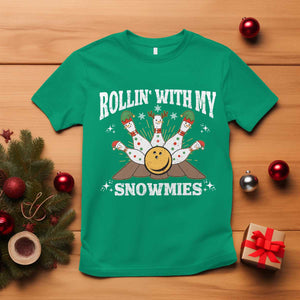 Funny Christmas Bowling T Shirt Rollin With My Snowmies Bowling Pins TS11 Irish Green Print Your Wear