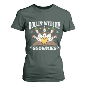 Funny Christmas Bowling T Shirt For Women Rollin With My Snowmies Bowling Pins TS11 Dark Forest Green Print Your Wear