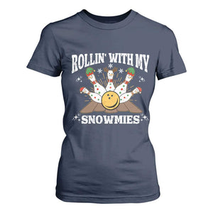 Funny Christmas Bowling T Shirt For Women Rollin With My Snowmies Bowling Pins TS11 Navy Print Your Wear