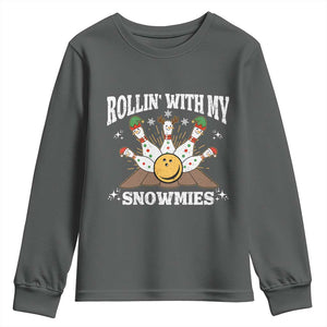 Funny Christmas Bowling Youth Sweatshirt Rollin With My Snowmies Bowling Pins TS11 Dark Heather Print Your Wear
