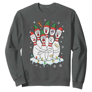 Funny Scared Cartoon Christmas Bowling Pins Sweatshirt TS11 Dark Heather Print Your Wear