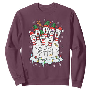 Funny Scared Cartoon Christmas Bowling Pins Sweatshirt TS11 Maroon Print Your Wear