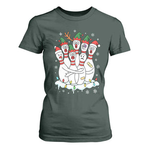 Funny Scared Cartoon Christmas Bowling Pins T Shirt For Women TS11 Dark Forest Green Print Your Wear