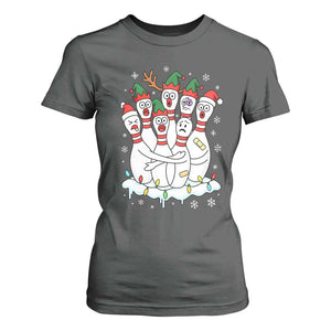 Funny Scared Cartoon Christmas Bowling Pins T Shirt For Women TS11 Dark Heather Print Your Wear