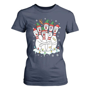 Funny Scared Cartoon Christmas Bowling Pins T Shirt For Women TS11 Navy Print Your Wear