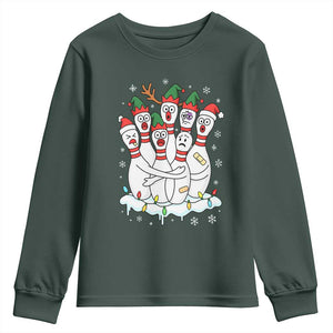 Funny Scared Cartoon Christmas Bowling Pins Youth Sweatshirt TS11 Dark Forest Green Print Your Wear