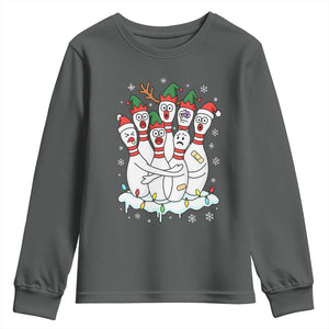 Funny Scared Cartoon Christmas Bowling Pins Youth Sweatshirt TS11 Dark Heather Print Your Wear
