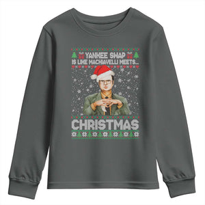 Funny Christmas Office Movie Youth Sweatshirt Yankee Swap Is Like Machiavelli Meets Christmas TS11 Dark Heather Print Your Wear