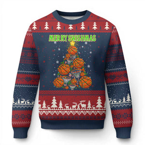 Christmas Basketball Merry Swishmas Ugly Christmas Sweater Basketball Xmas Tree TS11 Navy Red Print Your Wear