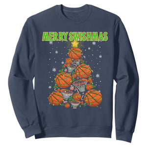 Christmas Basketball Merry Swishmas Sweatshirt Basketball Xmas Tree TS11 Navy Print Your Wear