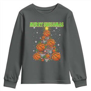 Christmas Basketball Merry Swishmas Youth Sweatshirt Basketball Xmas Tree TS11 Dark Heather Print Your Wear