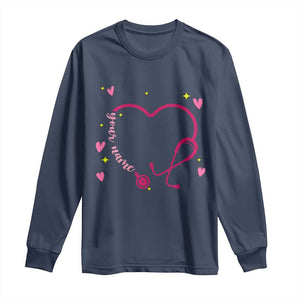 Personalized Valentine's Day Nursing Long Sleeve Shirt Custom Name Nurse Doctor Heart Stethoscope TS11 Navy Print Your Wear