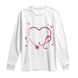 Personalized Valentine's Day Nursing Long Sleeve Shirt Custom Name Nurse Doctor Heart Stethoscope TS11 White Print Your Wear