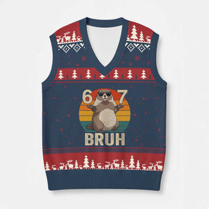 Funny Groundhog 67 V-Neck Knit Sweater Vest Six Seven Bruh Retro Vintage Woodchuck Day TS11 Navy Red Print Your Wear