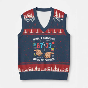 Bruh I Survived 67 33 Days Of School V-Neck Knit Sweater Vest Funny 100th Days of School Pixel 67 Hands TS11 Navy Red Print Your Wear