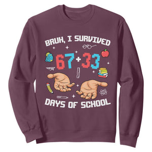 Bruh I Survived 67 33 Days Of School Sweatshirt Funny 100th Days of School Pixel 67 Hands TS11 Maroon Print Your Wear