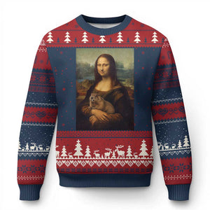 Mona Lisa Holding Groundhog Parody Painting Ugly Christmas Sweater Funny Groundhog Day TS11 Navy Red Print Your Wear