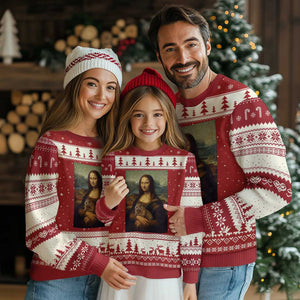 Mona Lisa Holding Groundhog Parody Painting Ugly Christmas Sweater Funny Groundhog Day TS11 Red Beige Print Your Wear
