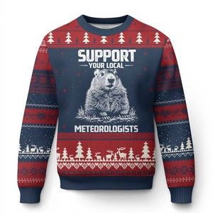 Funny Woodchuck Groundhog Day Ugly Christmas Sweater Support Your Local Meteorologists TS11 Navy Red Print Your Wear