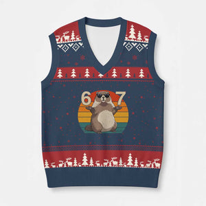 Funny Groundhog 67 V-Neck Knit Sweater Vest Six Seven Meme Retro Vintage Woodchuck Day TS11 Navy Red Print Your Wear