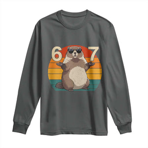 Funny Groundhog 67 Long Sleeve Shirt Six Seven Meme Retro Vintage Woodchuck Day TS11 Dark Heather Print Your Wear