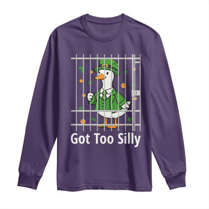 Funny Got Too Silly St Patricks Day Long Sleeve Shirt Goose Pun Humor Animal Lovers Shamrock TS11 Purple Print Your Wear