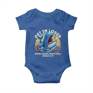 Get In Loser We're Doing God's Will Baby Onesie Funny Christian Bible TS11 Royal Blue Print Your Wear