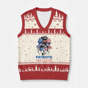 Patriots Girl V-Neck Knit Sweater Vest Funny Sport Fan New England Game Day Messy Bun TS11 Beige Red Print Your Wear