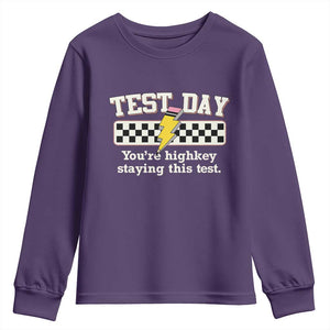 Funny Test Day You're Highkey Staying This Test Youth Sweatshirt Teacher Pencil Lightning Bolt TS11 Purple Print Your Wear