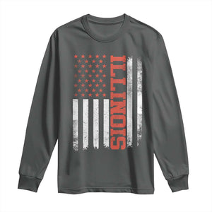 Illinois Pride Long Sleeve Shirt Vintage American Flag Distressed Varsity Aesthetic Letters IL State TS11 Dark Heather Print Your Wear