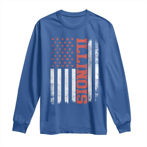 Illinois Pride Long Sleeve Shirt Vintage American Flag Distressed Varsity Aesthetic Letters IL State TS11 Royal Blue Print Your Wear