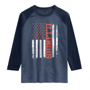 Illinois Pride Raglan Shirt Vintage American Flag Distressed Varsity Aesthetic Letters IL State TS11 Heather Denim Navy Print Your Wear