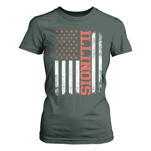 Illinois Pride T Shirt For Women Vintage American Flag Distressed Varsity Aesthetic Letters IL State TS11 Dark Forest Green Print Your Wear