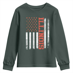 Illinois Pride Youth Sweatshirt Vintage American Flag Distressed Varsity Aesthetic Letters IL State TS11 Dark Forest Green Print Your Wear