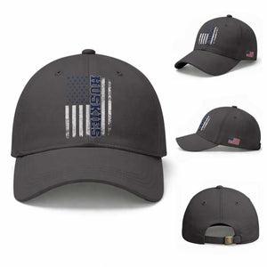 Husky Lover Sports Varsity Aesthetic Letters Vintage American Flag Baseball Cap TS11 Baseball Cap Universal Fit Dark Gray Print Your Wear