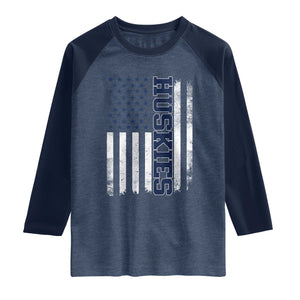 Husky Lover Sports Varsity Aesthetic Letters Vintage American Flag Raglan Shirt TS11 Heather Denim Navy Print Your Wear