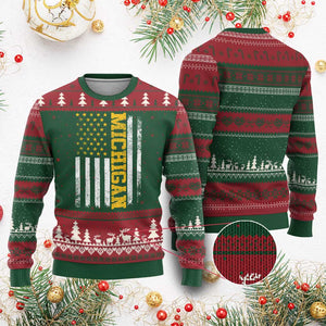 Michigan Pride Ugly Christmas Sweater Vintage American Flag Distressed Varsity Aesthetic Letters MI State TS11 Red Green Print Your Wear