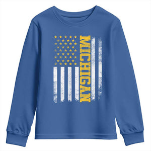 Michigan Pride Youth Sweatshirt Vintage American Flag Distressed Varsity Aesthetic Letters MI State TS11 Royal Blue Print Your Wear