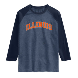 Illinois Sports Fan Raglan Shirt Vintage Orange Blue Throwback Text IL State TS11 Heather Denim Navy Print Your Wear