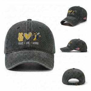 Funny Peace Love Banana Washed Cotton Baseball Cap Cute Banana Peace Sign Heart TS11 Washed Cap Universal Fit Dark Green Print Your Wear