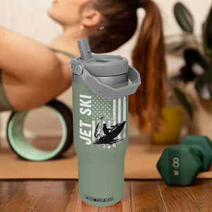 Jet Ski Lover Flip Straw Tumbler Vintage Ski Rider American Flag Water Sport TS11 One Size: 30 oz Moss Green Print Your Wear