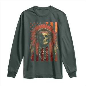 Native American Indian Chief Skull Headdress Vintage USA Flag Long Sleeve Shirt TS11 Dark Forest Green Print Your Wear