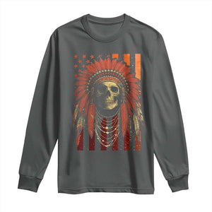 Native American Indian Chief Skull Headdress Vintage USA Flag Long Sleeve Shirt TS11 Dark Heather Print Your Wear